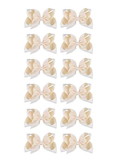 DEEKA 12 PCS 6" Big Hand-made Grosgrain Ribbon Hair Bow Alligator Clips Hair Accessories for Little Teen Toddler Girls - Ivory