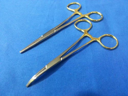 2 PCS Gold Handle Premium O.R Grade Suture Laceration KIT Mosquito HEMOSTAT Locking Forceps 5" Curved 5" + Kelly HEMOSTAT Forceps 5.5" Straight (HTI BRAND)