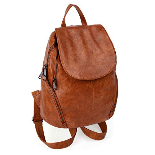 UTO Women Backpack Purse PU Washed Leather Large Capacity Ladies Rucksack Shoulder Bag New Brown