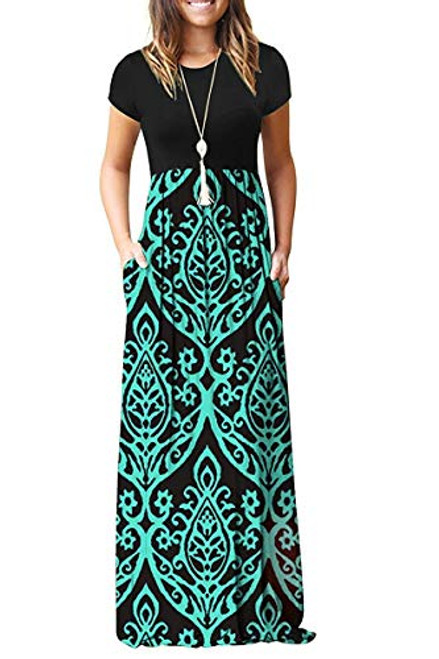 AUSELILY Women Short Sleeve Loose Plain Casual Long Maxi Dresses with Pockets (3XL, Black Green)