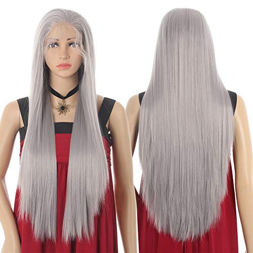 Xtrend 24" Long Straight Synthetic Lace Front Wig With Baby Hair Pre Plucked Hairline Gray Wig Natural Hair Wig For Women Cosplay Wigs Pre Plucked Hairline Grey#