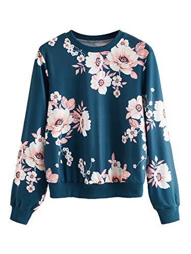 Romwe Women's Casual Floral Print Long Sleeve Pullover Tops Blue XL