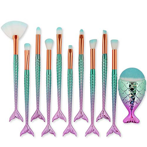 OLOOYA Makeup Brushes Set 11pcs 3D Mermaid Makeup Brush Cosmetic Brushes Eyeshadow Eyeliner Blush Brushes(Purple+Blue)