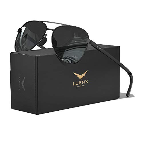 LUENX Aviator Sunglasses Polarized for Men Women-Non Mirror Driving uv 400 Protection with case(All Black)