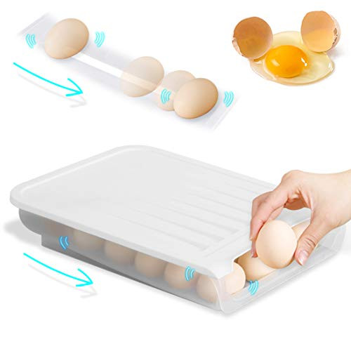 Kalevel Egg Storage Container Box Stackable Egg Storage Holder Organizer Fridge Auto Scrolling Egg Tray for Refrigerator Cabinet (White)