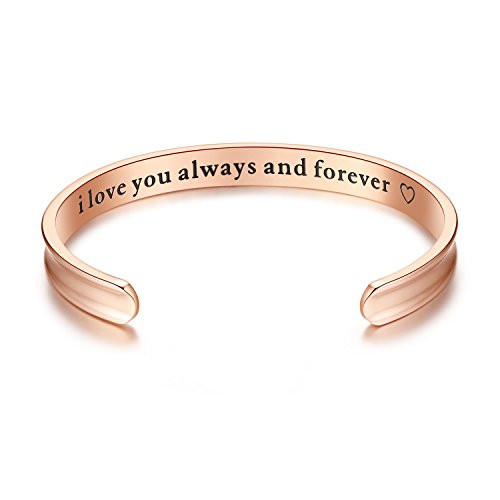 'I Love You Always and Forever' Hair Tie Grooved Cuff Bangle Bracelets, Jewelry for Women, Girls, Wife, Her, Mom, Mother, Daughter, Girlfriend (Rose Gold)