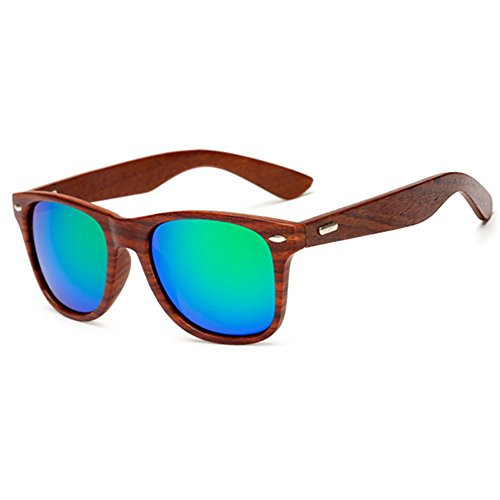 LongKeeper Wood Sunglasses for Men Women Vintage Real Wooden Arms Glasses (Brown, Green)