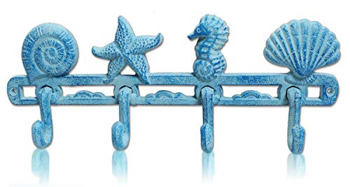 Basic Fundamentals Cast Iron Nautical Shell and Seahorse Wall Hook with 4 Hooks