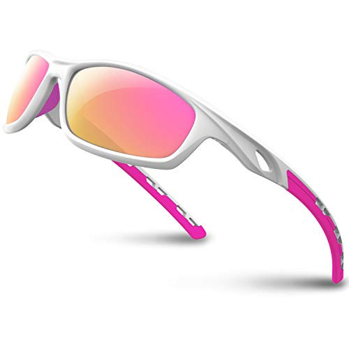 RIVBOS Polarized Sports Sunglasses for Women Men Driving Sun Glasses shades Tr 90 Unbreakable Frame for Cycling Baseball Running Rb833 (White&Pink)