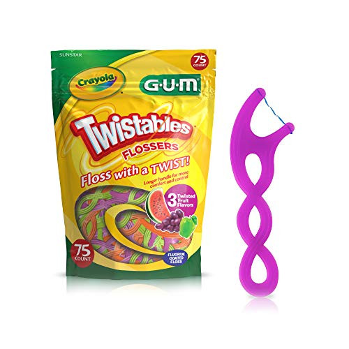 GUM Crayola Twistables Flossers, Fluoride Coated, Twisted Fruit Flavors, Ages 3+, 75 Count (Pack of 4) GUM Crayola Twistables Flossers, Fluoride Coated, Twisted Fruit Flavors, Ages 3+, 75 Count (Pack of 4)