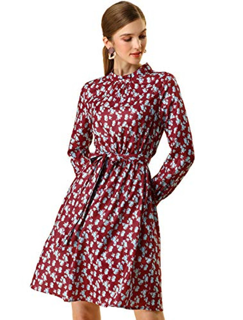 Allegra K Women's Mock Neck Floral Flare Long Sleeve A-line Tie Waist Dress Small Red