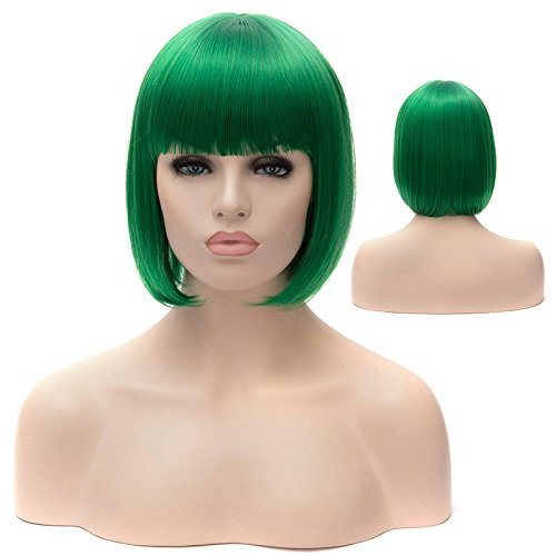 Iciwueen Short Green Bob Green Hair Wigs 12" Straight with Flat Bangs Synthetic Colorful Cosplay Daily Party Wig for Women with Free Wig Cap Iciwueen Short Green Bob Green Hair Wigs 12" Straight with Flat Bangs Synthetic Colorful Cosplay Daily Party Wig for Women with Free Wig Cap