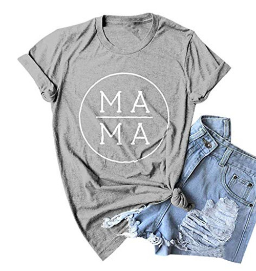 Mama Letter Printed T-Shirt for Women Short Sleeve Mama Graphic Tops Tee Mother's Day Casual Blouse Size L (Gray)
