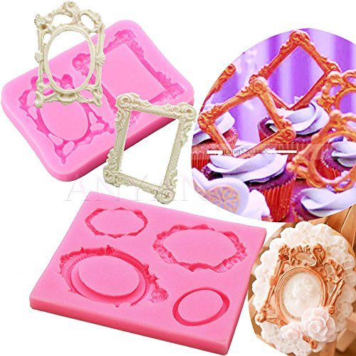 Anyana vintage Picture rectangle oval royal Frame Photo mirror mould cake Fondant gum paste silicone mold for Sugar paste resin birthday cupcake decorating topper decoration sugarcraft set of 2