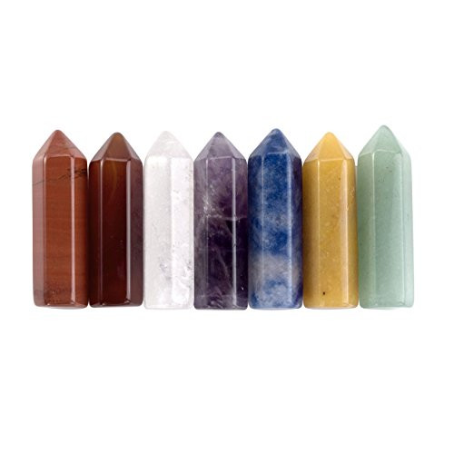 Jovivi 7pcs 45mm Chakra Crystals Quartz Healing Wands Kit Reiki Tumbled 6 Facet Single Point Stones Bohemian Meditation Set