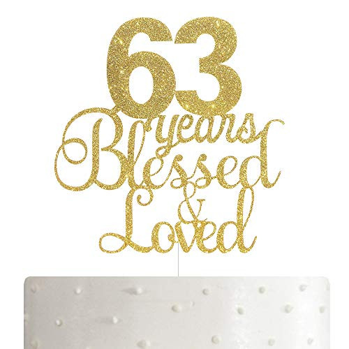 ALPHA K 63th Birthday/Anniversary Cake Topper  63 Years Blessed & Loved Cake Topper with Gold Glitter