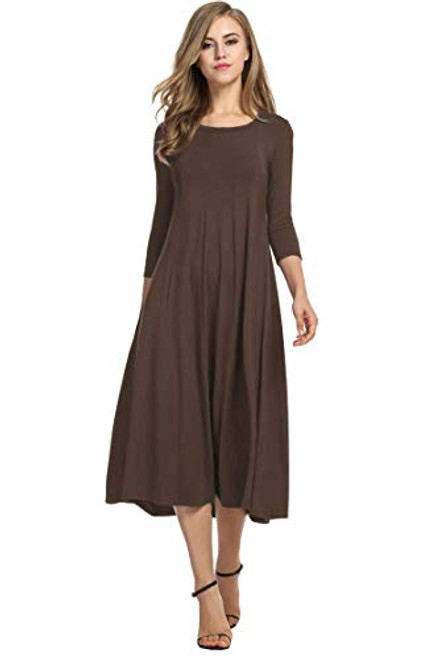 Hotouch Womens Loose Solid 3/4 Sleeve T-Shirt Shift Tunic Dress (Dark Brown, M)