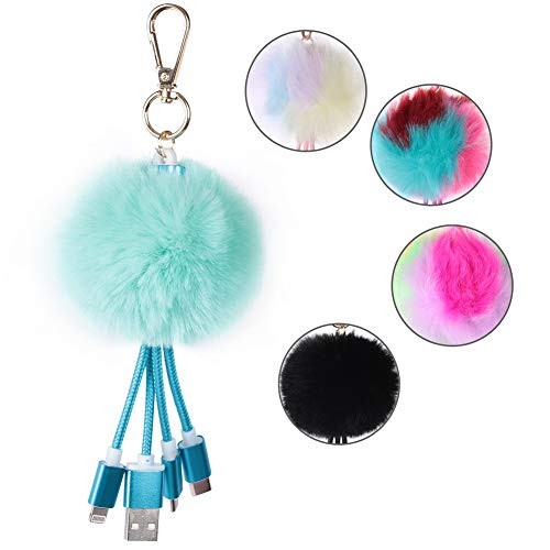 SHETOP Keychains with USB, Mint Green Plush Fur Ball Pom Pom Keychain USB Chargers Bag Purse Charms Cool Pendant for Kids Party Gifts, 1Pair