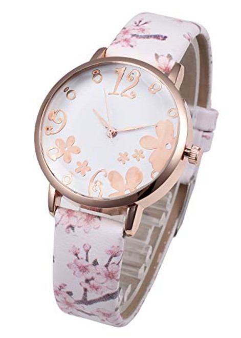 Top Plaza Womens Girls Fashion White Leather Analog Quartz Wrist Watch Elegant Beautiful Arabic Numerals Casual Flower Dress Watches