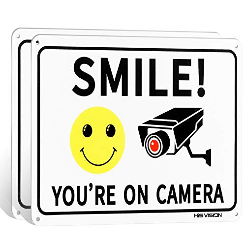 (2 Pack) Smile You're on Camera, Video Surveillance Sign, 10"x7" Rust Free Aluminum Metal,Warning Sign for CCTV Monitoring System by HISVISION.