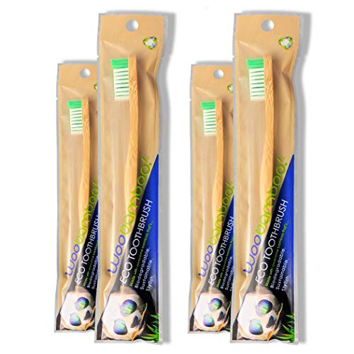 Bamboo Toothbrush 4 Pack - Adult - Medium BPA Free Nylon Bristles - Eco-Friendly, Biodegradable, Compostable, Vegan by WooBamboo!