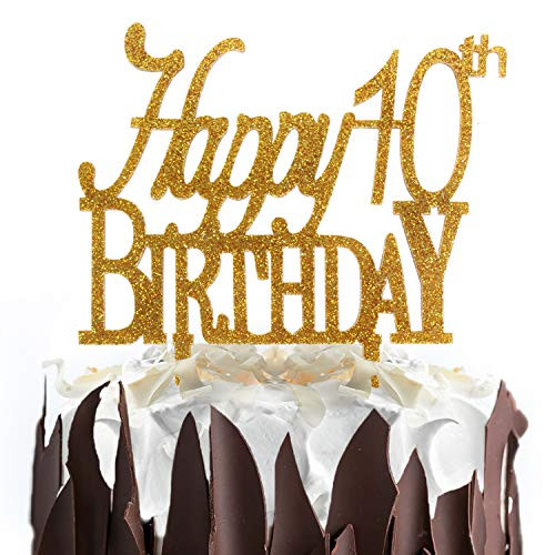AERZETIX Ten Gold Glitter Acrylic Cake Topper Happy 10th Birthday 10 Years Old Birthday Decoration