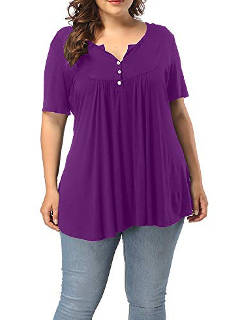 Allegrace Women's Plus Size Henley V Neck Button Up Tunic Tops Casual Short Sleeve Ruffle Blouse Shirts Purple 3X