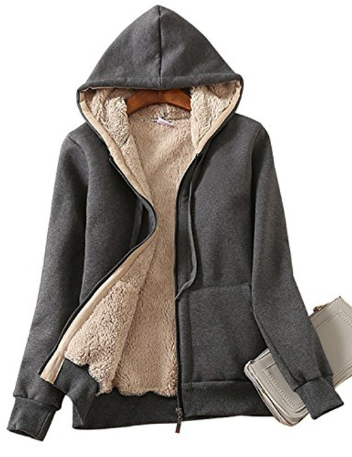 Yeokou Women's Casual Full Zip Up Sherpa Lined Hoodie Sweatshirt Jacket Coat (Medium, Dark Grey)