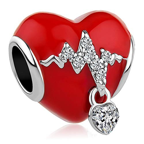 Charmed Craft Heart Love Heartbeat Charms Red Enamel Beads for Snake Chain Bracelets (Heartbeat)