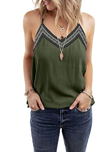 BLENCOT Women's Summer V Neck Strappy Embroidery Tank Tops Loose Casual Sleeveless Shirts Blouses Green M
