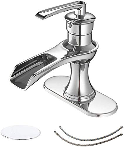 Bathlavish Bathroom Faucet Chrome Waterfall Single Hole Vanity One Handle Sink with Pop up Drain with Overflow
