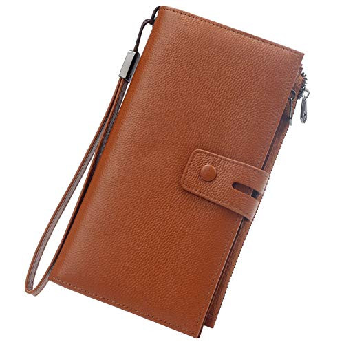 RFID Blocking Travel Wallet Leather Passport Credit Card Holder Multi-purpose Family Travel Document Organizer (Brown)