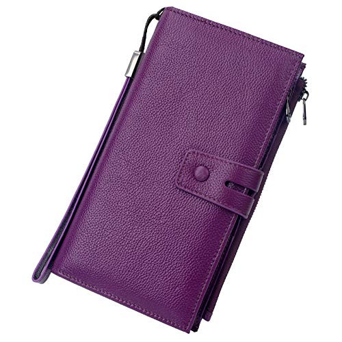 RFID Blocking Travel Wallet Leather Passport Credit Card Holder Multi-purpose Family Travel Document Organizer (Purple)