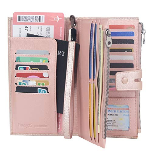 RFID Blocking Travel Wallet Leather Passport Credit Card Holder Multi-purpose Family Travel Document Organizer (Rose Gold)