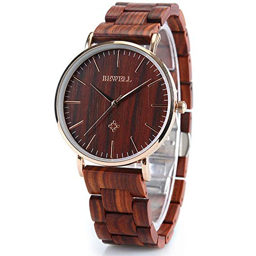 BEWELL Wooden Watches for Men/Women Slim Analog Quartz Minimalist Couple Wrist Watch W163A (Men-Red)