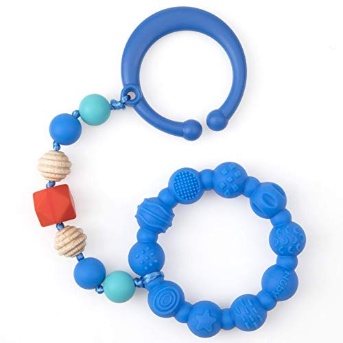 Nuby 100% Silicone Teether Ring with Silicone Beaded String and Clip for Carseat and Stroller, 3 Months +