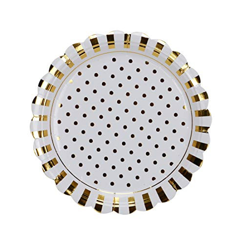Geeklife Gold Paper Plates,9 in Round Gold Vertical Bar and Dots Paper Party Plates,20 Count Decorative Tableware