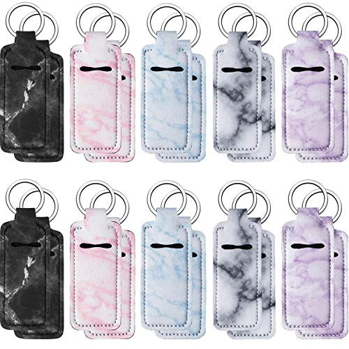 20 Pieces Clip-on Chapstick Sleeve Pouch Lipstick Holder Keychain Elastic Lip Balm Holster Marble Neoprene Chapstick Holder with Metal Ring for Travel Accessories