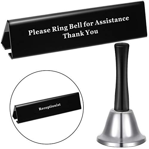 Desk Service Ringing Bell with Handle Metal Dinner Bell Handheld Call Bell and Double-Side Receptionist Desk Sign Please Ring Bell Sign for Service Assistance