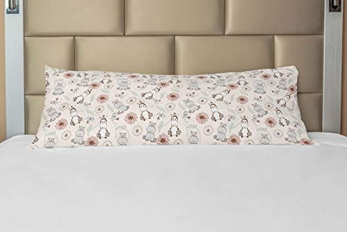 Ambesonne Hippo Body Pillow Case Cover with Zipper, Nursery Background Themed Wildlife Animals and Flowers Petals Leaves Elements Print, Decorative Accent Long Pillowcase, 21" x 54", Blue Pink