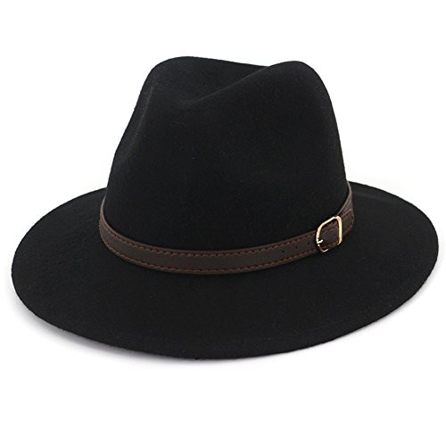 Lisianthus Women's 100% Wool Fedora Panama Hat Wide Brim with Belt Black