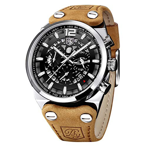 BENYAR Chronograph Wrist Watch for Men | Big Black Skeleton Dial | Quartz Movement 30M Waterproof | Leather Strap Watch | Analog Quartz Watch | Scratch Resistant | Army Watch