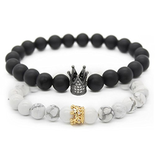 EnjoIt Couple Distance Bracelet Diffuser Beads Crown Queen Bracelets Matte Agate & White Howlite Lava Stone (Stretch Black Crown2)