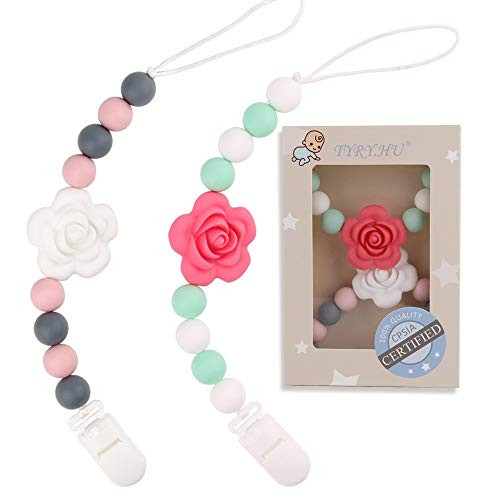 TYRY.HU Pacifier Clips Silicone Teething Beads BPA Free Binky Holder for Girls, Boys, Baby Shower Gift, Teether Toys, Soothie, Mam, Drool Bibs, Set of 2 (Pink, White Roses) TYRY.HU Pacifier Clips Silicone Teething Beads BPA Free Binky Holder for Girls, Boys, Baby Shower Gift, Teether Toys, Soothie, Mam, Drool Bibs, Set of 2 (Pink, White Roses)