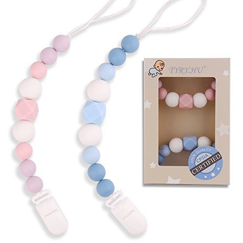 TYRY.HU Pacifier Clips Silicone Teething Beads BPA Free Binky Holder for Girls, Boys, Baby Shower Gift, Teether Toys, Soothie, Mam, Drool Bibs, Set of 2 (Pink, Blue) TYRY.HU Pacifier Clips Silicone Teething Beads BPA Free Binky Holder for Girls, Boys, Baby Shower Gift, Teether Toys, Soothie, Mam, Drool Bibs, Set of 2 (Pink, Blue)