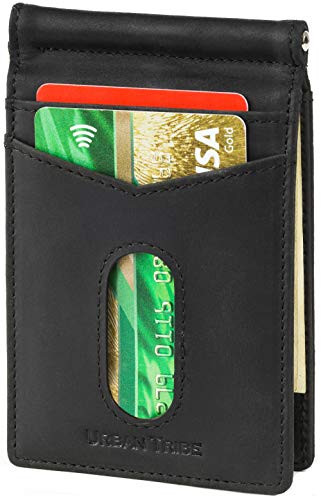 2 ID Window Slim Bifold Wallet - RFID Minimalist Front Pocket Wallets for Men Leather Credit Card Holder & Money Clip