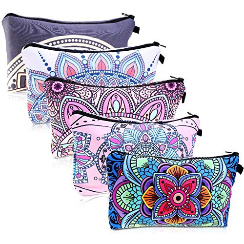 Cosmetic Bags for Women, Shynek 5Pcs Cosmetic Makeup Pouches Bulk, Waterproof Travel Toiletry Organizer Zipper Pencil Pouch with Mandala Flower Patterns for Women