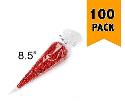 Cone Shaped Treat & Favor Bags Small Size: 8.5" x 3 1/8" (21cm x 8cm) Crystal Clear Cello/Cellophane Polypropylene - 100 Pcs
