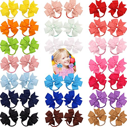 40Pcs 3.5'' Boutique Grosgrain Ribbon Hair Bows Elastic Hair Ties Ponytail Holder Hair Bands in Pairs for Girls Kids Children Teens