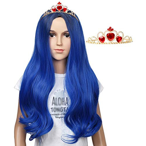 Kids Size Wig and Crown Set Long Wavy Cosplay Wig for Halloween Costumes and Party (Dark Root Blue)